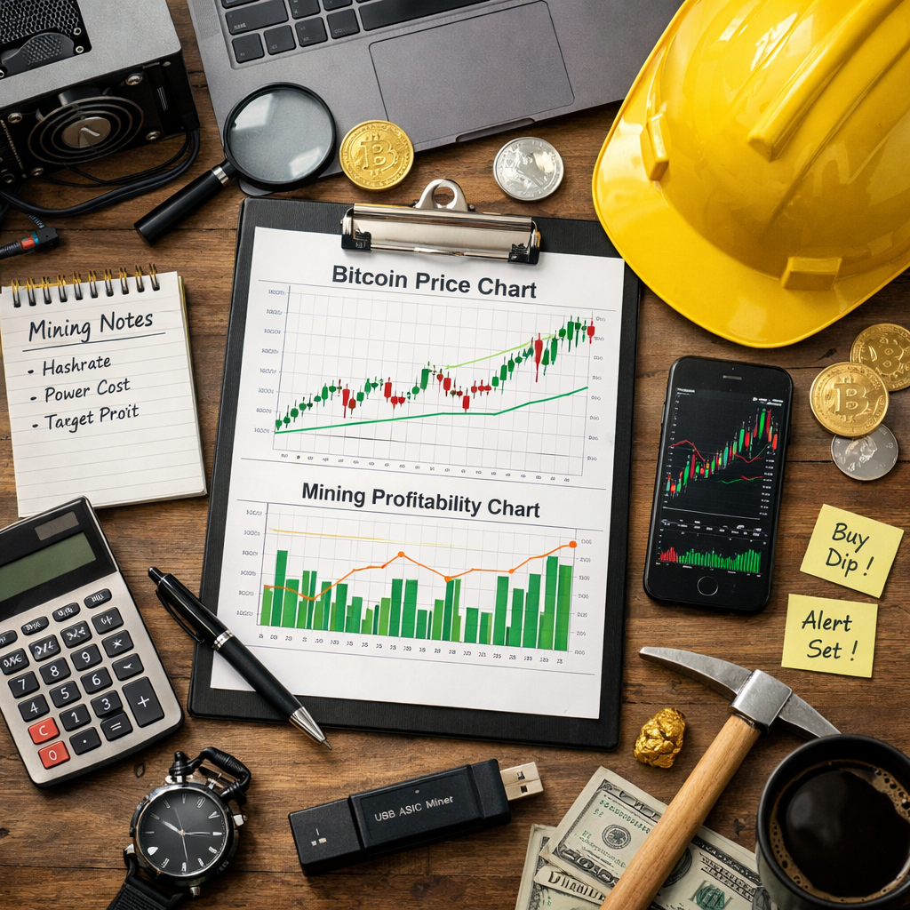 Bitcoin price and mining profitability charts with mining tools and notes