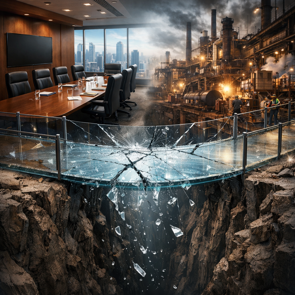 Broken glass bridge between corporate office and industrial factory