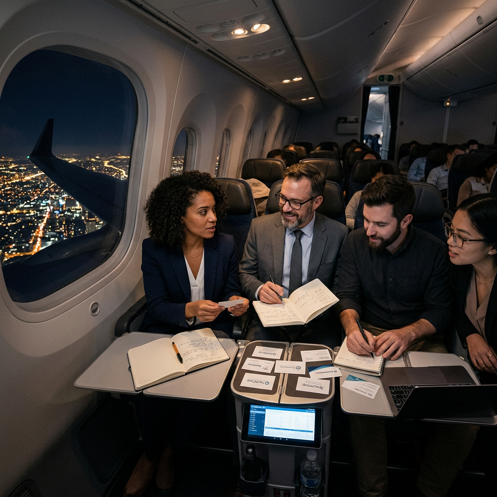Four business professionals seated on an airplane working together with notebooks, business cards, and a laptop, city lights visible through the window.