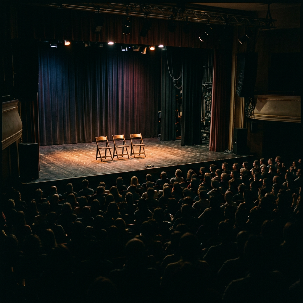 Empty theater stage with three wooden chairs and audience in darkness