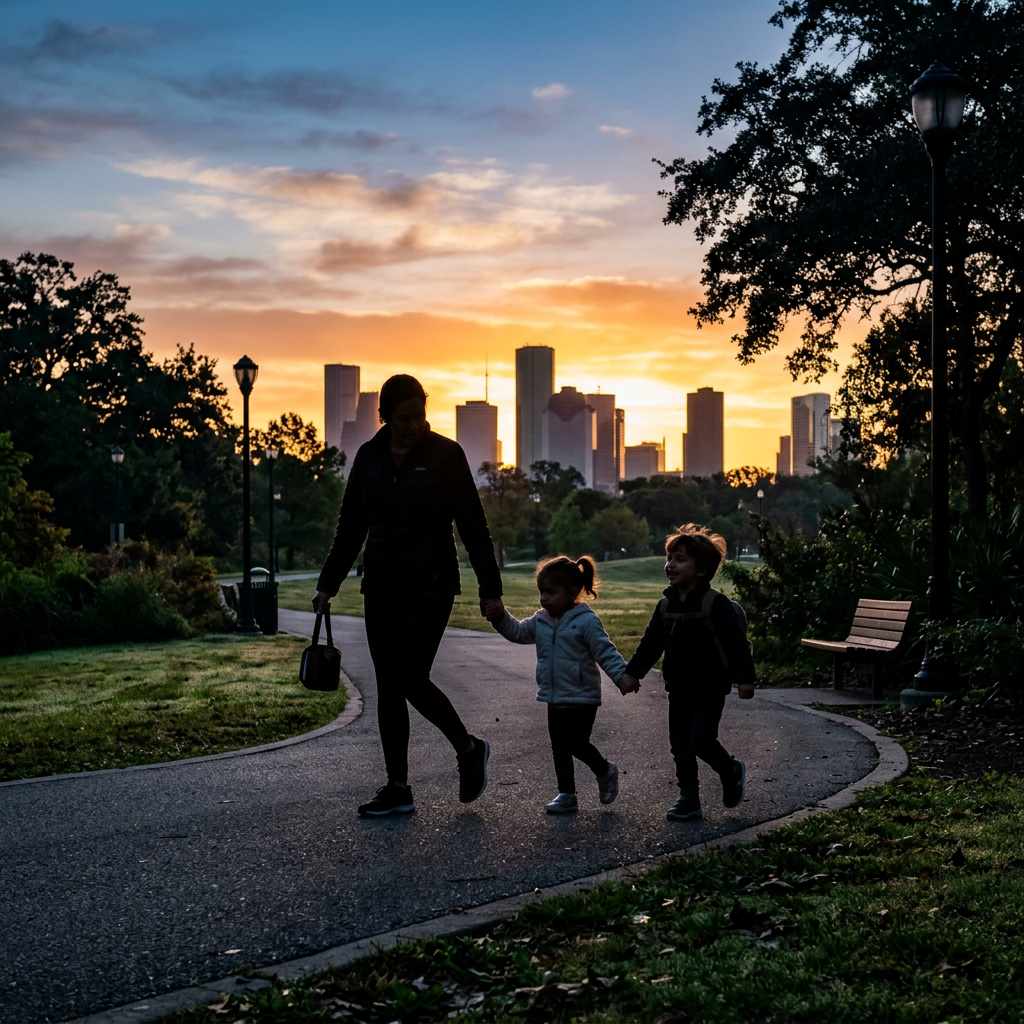 Silhouettes of an adult and two children walking on a curved park path at sunrise with city skyline